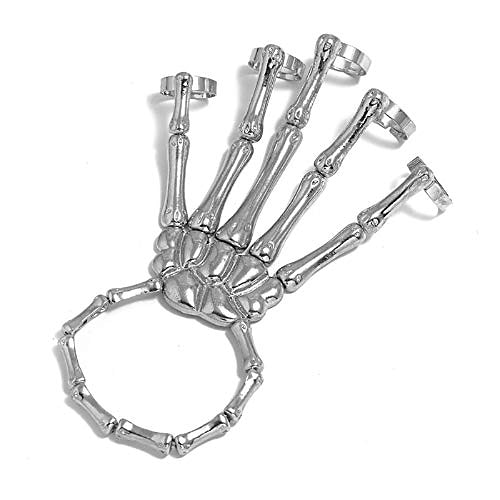 

gothic bone hand bracelet with ring halloween talon wristband punk rock exaggerated metal nightclub party jewelry-silver for men women