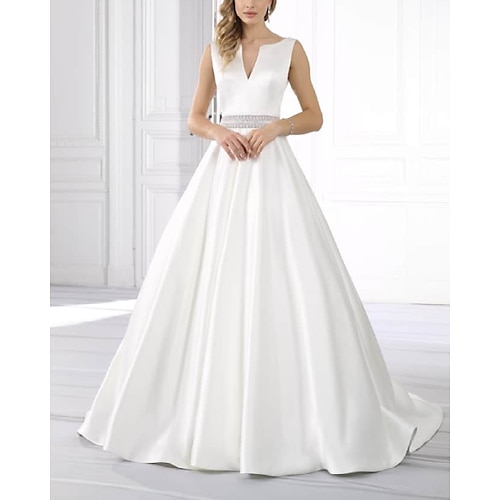 

A-Line Wedding Dresses V Neck Sweep / Brush Train Satin Sleeveless Formal Simple with Crystal Brooch 2022