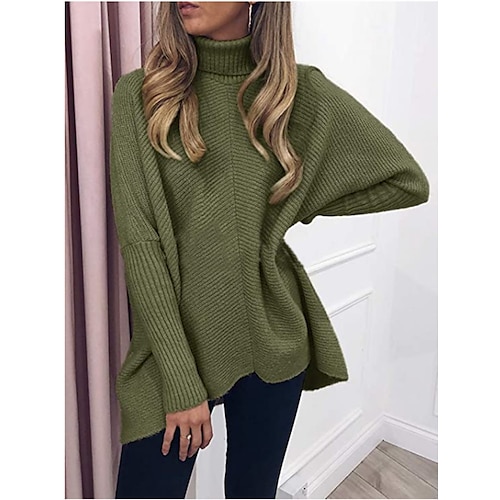 

Women's Pullover Sweater jumper Jumper Knit Tunic Solid Color Turtleneck Basic Casual Daily Holiday Winter Fall Wine Red Purple S M L / Long Sleeve / Going out / Loose Fit