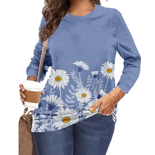 

Mujer Talla extra Tops Camiseta Estampado Floral Gráfico Foco Multicolor Talla grande Cuello redondo Manga Larga Talla grande XL XXL 3XL 4XL 5XL Azul Piscina / Tallas Grandes