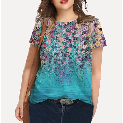 

Women's Plus Size Tops T shirt Floral Graphic Print Short Sleeve Crewneck Basic Daily Weekend Cotton Spandex Jersey Spring Summer Blue