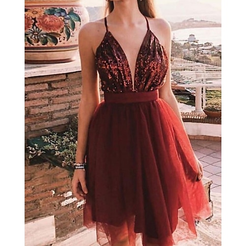 

A-Line Cocktail Dresses Beautiful Back Dress Homecoming Short / Mini Sleeveless Spaghetti Strap Sequined with Pleats 2022 / Cocktail Party