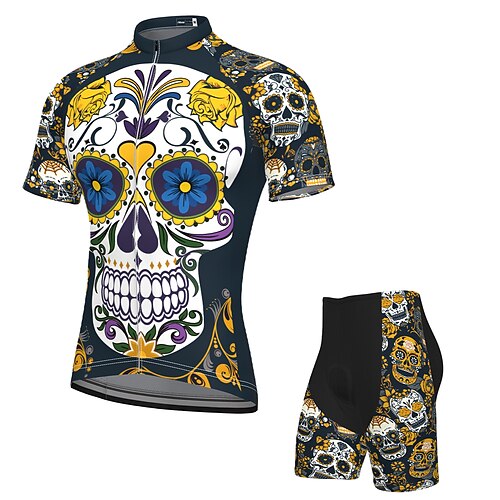 

21Grams Men's Cycling Jersey with Shorts Short Sleeve Mountain Bike MTB Road Bike Cycling Dark Navy Graphic Skull Sugar Skull Bike Clothing Suit 3D Pad Breathable Quick Dry Moisture Wicking / Spandex