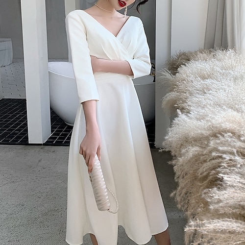 

A-Line Wedding Dresses V Neck Knee Length Stretch Fabric 3/4 Length Sleeve Simple Little White Dress 1950s with 2022