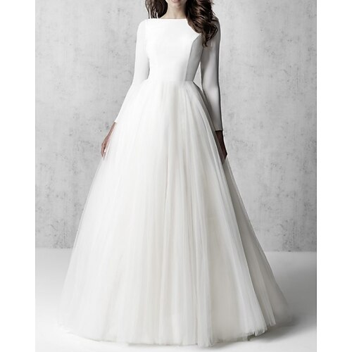 

A-Line Wedding Dresses Jewel Neck Sweep / Brush Train Tulle Stretch Fabric Long Sleeve Country Simple with 2022