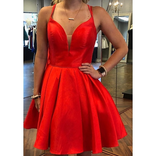 

A-Line Minimalist Sexy Homecoming Cocktail Party Dress Spaghetti Strap Sleeveless Knee Length Satin with Pleats 2022