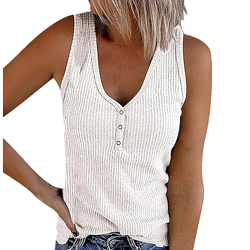 

Women's Henley Shirt Tank Top Black White Pink Plain Patchwork Sleeveless Basic V Neck Regular Slim S