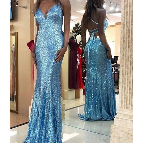 

Mermaid / Trumpet Sheath / Column Beautiful Back Sexy Engagement Formal Evening Dress V Neck Sleeveless Floor Length Sequined with Pleats Sequin 2022