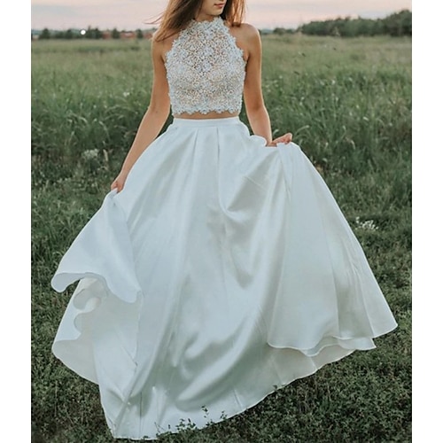 

Two Piece A-Line Wedding Dresses High Neck Sweep / Brush Train Lace Satin Sleeveless Country Romantic Beach with Pleats Appliques 2022