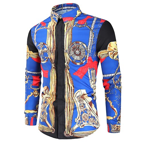 

Men's Shirt Geometric Chains Print Classic Collar Party Casual Print Long Sleeve Tops Ethnic Style Casual Blue
