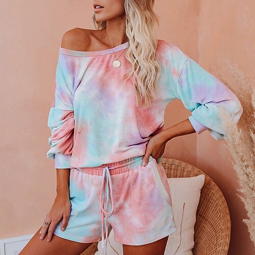 

Women's T shirt Tee Tracksuit Shorts Sets Basic Streetwear As Picture Blue Daily Tie Dye Drawstring Crew Neck S M L XL XXL / Loose Fit