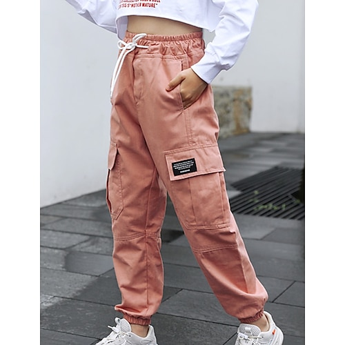 Kid's Teen Girls' Back to School Pants Pink khaki Black Solid Color  Drawstring Cotton School Daily Sports Active Cargo / Fall / Winter / Spring  / Summer 2024 - $15.99