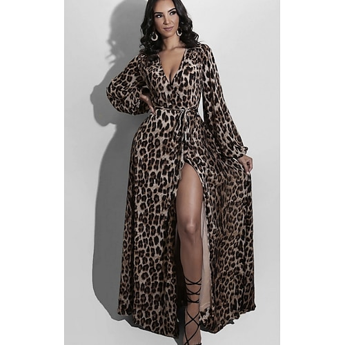 

langkjole for kvinner maxi-kjole brun langermet leopardmønster høst v-hals vinterkjole høstkjole s m l xl xxl