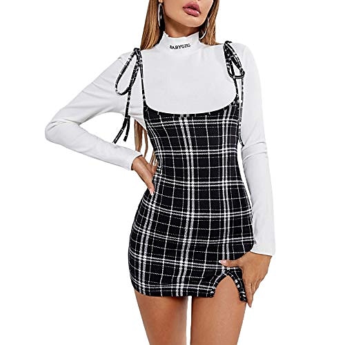 

women's sleeveless self tie split hem plaid bodycon cami suspender dress overall mini dress (a black, m)