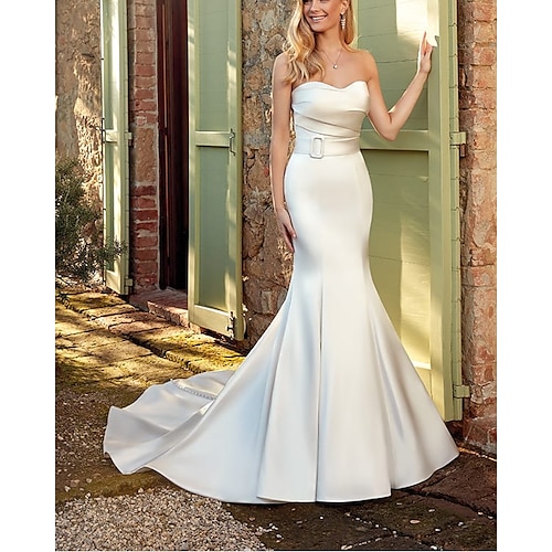 

Mermaid / Trumpet Wedding Dresses Strapless Sweep / Brush Train Satin Sleeveless Country Simple with Sashes / Ribbons 2022