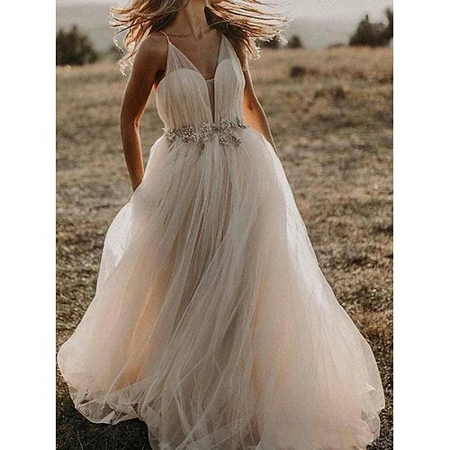 

A-Line Wedding Dresses Spaghetti Strap Sweep / Brush Train Tulle Sleeveless Country Beach Sexy with Pleats Crystals 2022