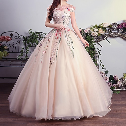 

Ball Gown Prom Dresses Luxurious Dress Quinceanera Floor Length Short Sleeve Off Shoulder Tulle with Pleats Embroidery 2022