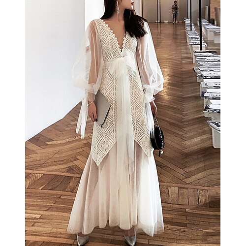 

A-Line Empire Sexy Wedding Guest Formal Evening Dress V Neck Long Sleeve Ankle Length Tulle with Bow(s) Lace Insert 2022