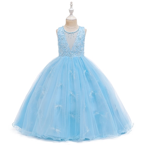

Wedding Event / Party Ball Gown Flower Girl Dresses Jewel Neck Floor Length Polyester Tulle Spring Summer with Faux Pearl Tier Cute Girls' Party Dress Fit 3-16 Years