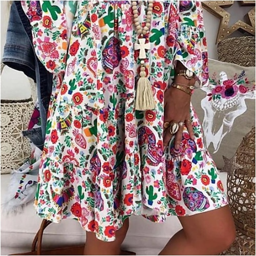 Damen Etuikleid Knielanges Kleid Grün Blau Weiß 3/4 Ärmel Blumen Bedruckt Frühling Sommer V-Ausschnitt Urlaub Boho Aufflackern-Hülsen- 2022 S M L XL XXL 3XL