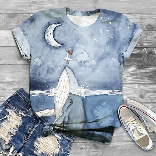 Women's Plus Size Curve Tops T shirt Tee Graphic Patterned Animal Print Short Sleeve Crewneck Preppy Daily Holiday Cotton Spandex Jersey Spring Summer Blue