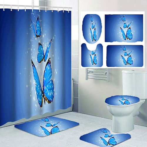 

Blue Butterfly Bathroom Shower Curtain Leisure Toilet Four-piece Set