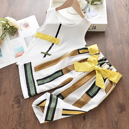 

2 Pieces Kids Girls' Clothing Set Outfit Sleeveless Print Cotton Set Active White