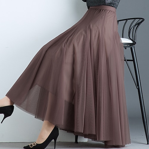 

Women's Swing Maxi Chiffon Light Brown Khaki Brown Gray Skirts Summer Layered Lace Trims Lined Streetwear Sophisticated Date Weekend One-Size / Loose Fit
