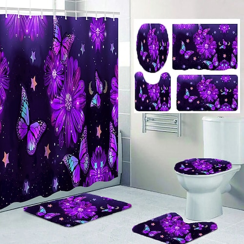 

Purple Flower Butterfly Bathroom Shower Curtain Leisure Toilet Four-piece Set