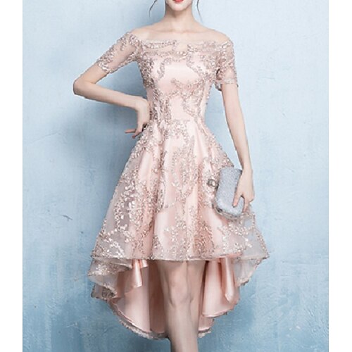 

A-Line Bridesmaid Dress Off Shoulder Short Sleeve Elegant Asymmetrical / Tea Length Tulle with Lace / Appliques 2022 / High Low