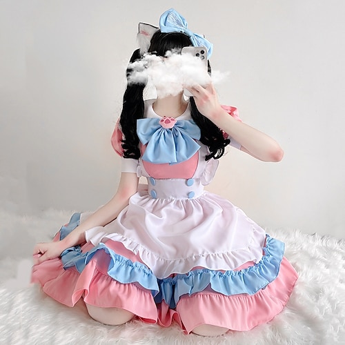 

Lolita Plusstørrelse Stuepike Uniform søt stil Dame Japansk Cosplay-kostymer Rosa Ensfarget Over Knæet / Kjole / Forkle / Kjole / Forkle