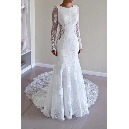 

Mermaid / Trumpet Wedding Dresses Jewel Neck Court Train Lace Long Sleeve Romantic with Appliques 2022