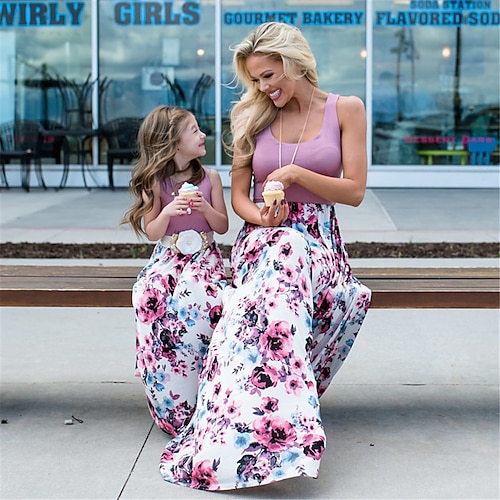 

Mommy and Me Dresses 1~7 Years Kid Floral Print Daily Light Purple Sleeveless Maxi Dress Family Photo Family look Matching Outfits