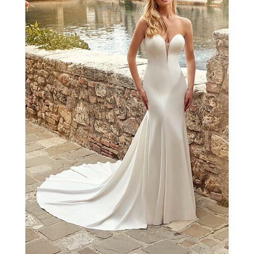 

Sheath / Column Wedding Dresses Strapless Court Train Italy Satin Sleeveless Country Simple with 2022