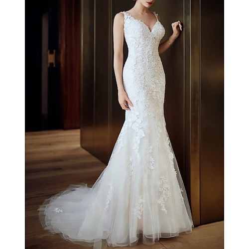 

Mermaid / Trumpet Wedding Dresses V Neck Sweep / Brush Train Lace Tulle Sleeveless Country Romantic with Appliques 2022