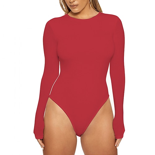 

Women's Bodysuit Zentai Jumpsuit Blue Camel Khaki Plain Long Sleeve Beach Weekend Basic Sexy Round Neck Slim S