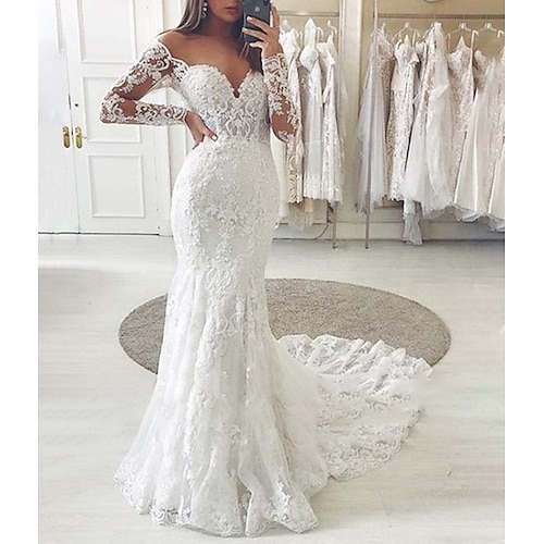 

Mermaid / Trumpet Wedding Dresses Jewel Neck Court Train Lace Tulle Long Sleeve Country Romantic Luxurious with Appliques 2022
