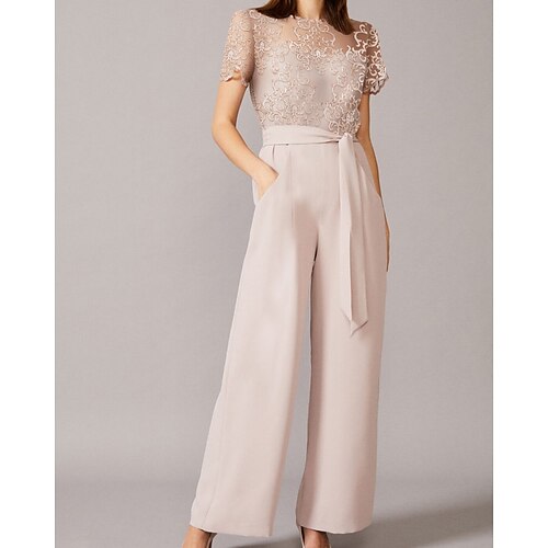 

Jumpsuit / Pantsuit Kjole til brudens mor Elegant Besmykket Gulvlengde Chiffon Blonder Kortermet med Appliqué 2023