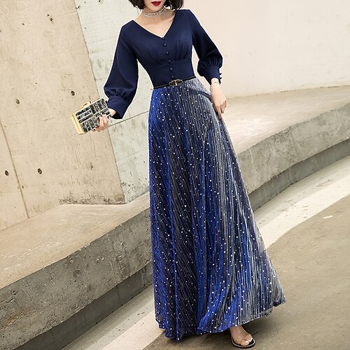 

A-Line Glittering Elegant Wedding Guest Formal Evening Dress V Neck Long Sleeve Floor Length Spandex with Sash / Ribbon Buttons 2022