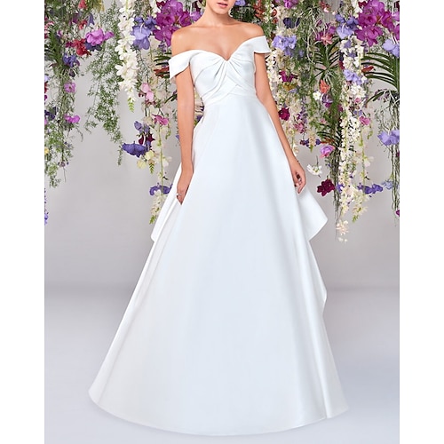 

A-Line Wedding Dresses Off Shoulder Floor Length Satin Sleeveless Country Simple with Ruched 2022