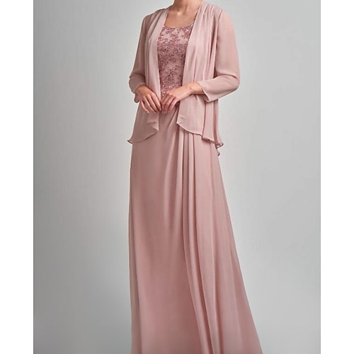 

Two Piece A-Line Mother of the Bride Dress Scoop Neck Floor Length Chiffon Lace Long Sleeve Wrap Included with Lace Pleats Crystals 2022