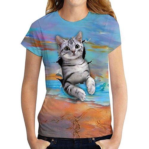 女性用 3D猫 Tシャツ 猫 グラフィック 3D プリント ラウンドネック ベーシック トップの ブルー