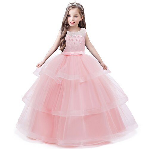 

Kids Girls' New Year Dress Solid Colored Tulle Dress Maxi Dress Performance Bow Sleeveless Cute Dress 4-13 Years Winter Green Blue Purple