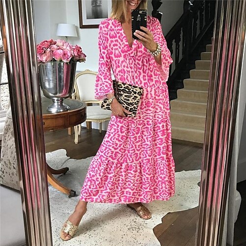 

Women's Swing Dress Maxi long Dress Pink 3/4 Length Sleeve Animal Print Spring Summer V Neck Boho Flare Cuff Sleeve Loose 2022 S M L XL XXL 3XL