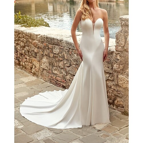 

Mermaid / Trumpet Wedding Dresses Sweetheart Neckline Court Train Italy Satin Sleeveless Country Simple with Lace 2022