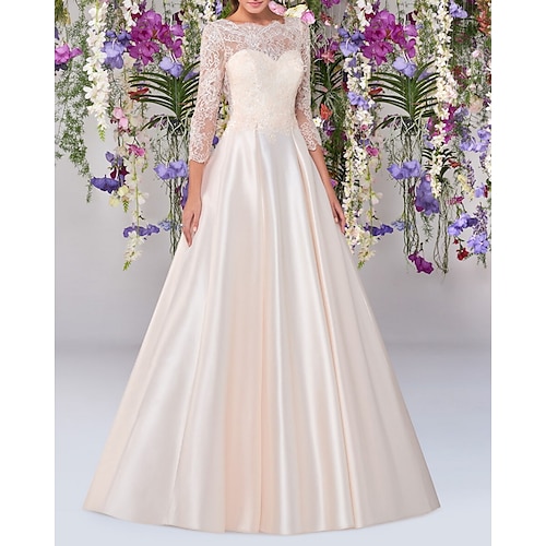 

A-Line Wedding Dresses Jewel Neck Floor Length Lace Satin Long Sleeve Country Romantic with Pleats 2022