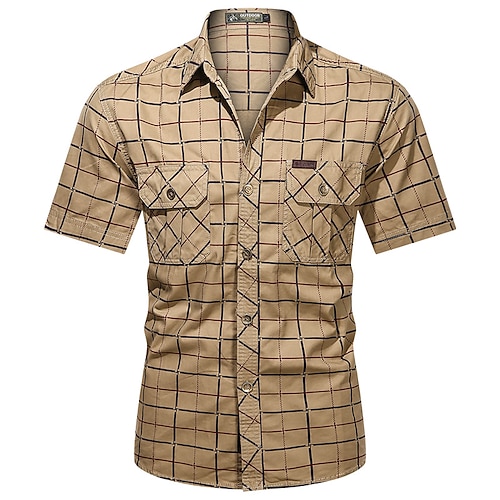 

Men's Hiking Shirt / Button Down Shirts Fishing Shirt Short Sleeve Square Neck Outerwear Shirt Top Outdoor Multi-Pockets Breathable Quick Dry Lightweight Summer Cotton Stripes Army Green Khaki Dark