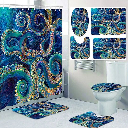 

Blue Octopus Comic Design Pattern Bathroom Shower Curtain Leisure Toilet Four-piece Set Including Hooks and Cushions