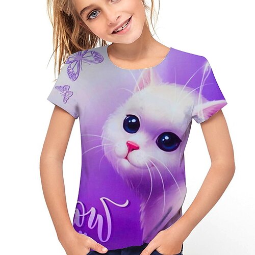 

Kids Girls' T shirt Animal 3D Print Short Sleeve Active 4-12 Years Summer Purple