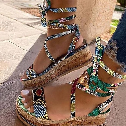 

Women's Sandals Lace Up Sandals Strappy Sandals Boho Bohemia Beach Platform Sandals Platform Wedge Heel PU Lace-up Green Black Brown